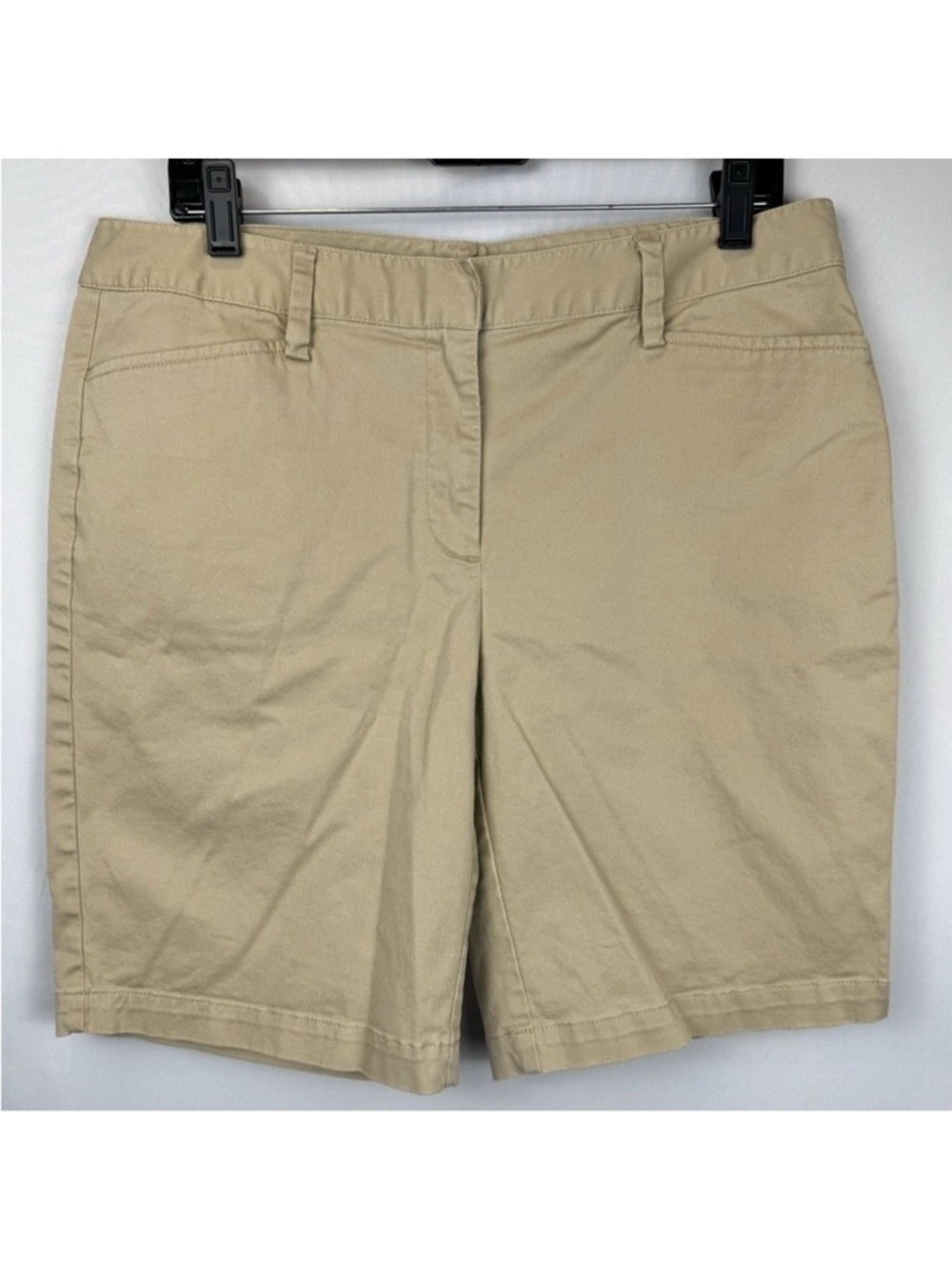 Lands End Bermuda Chino Shorts Khaki Mid Rise Pockets Flat Front Size 12